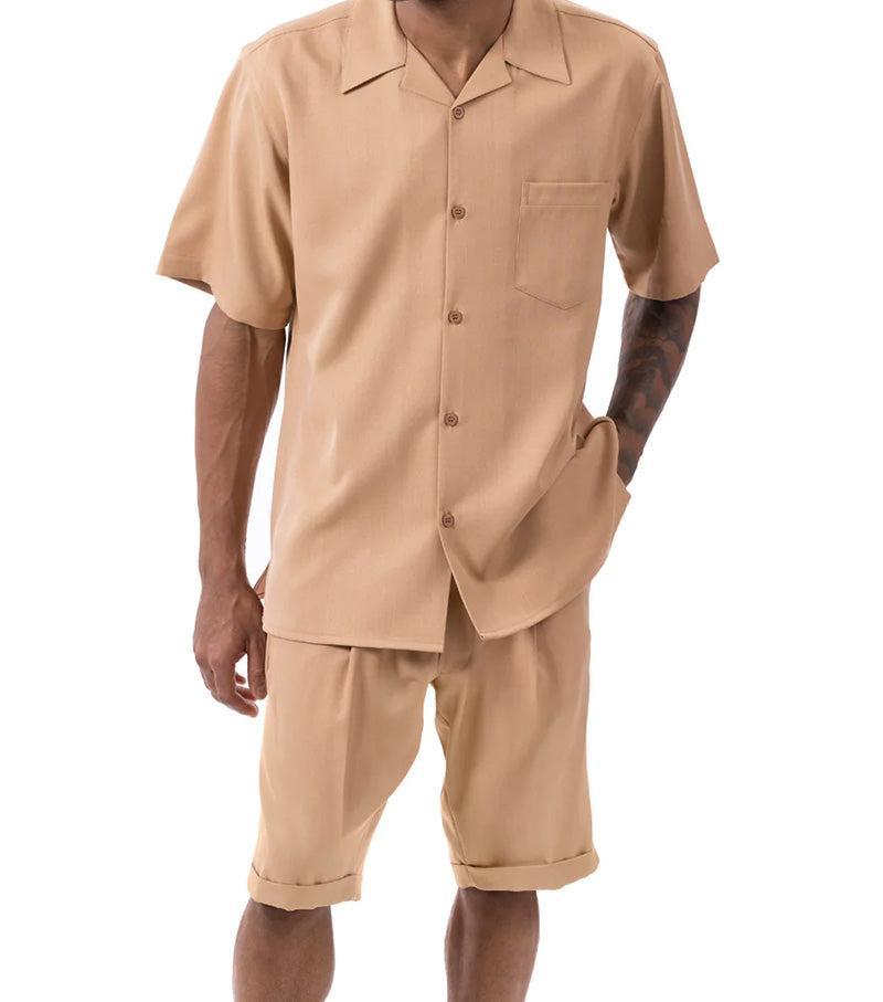 Tan 2 Piece Short Sleeve Walking Suit Set with Elastic Waistband Shorts Product Image