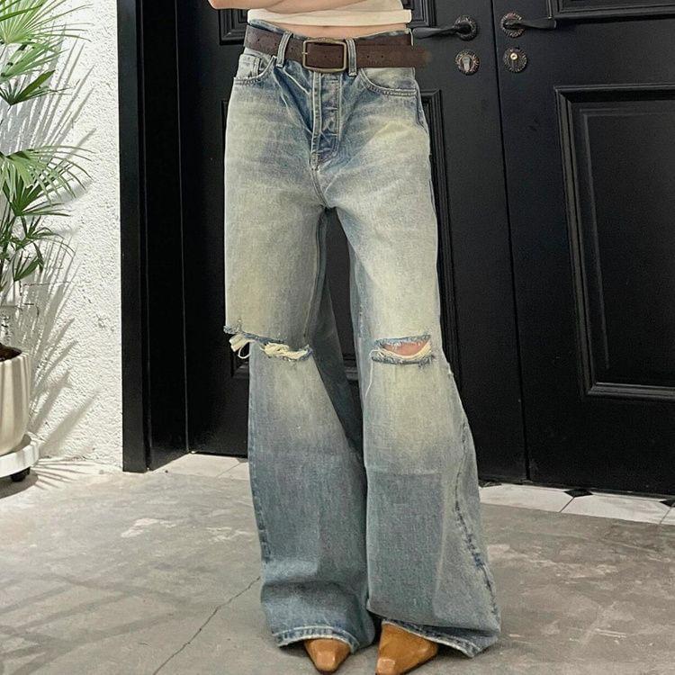 Low Rise Distressed Washed Wide Leg Jeans Product Image