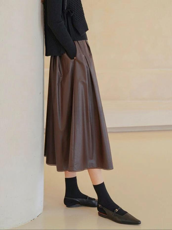 Elastic Waist Plain Midi A-Line Skirt Product Image