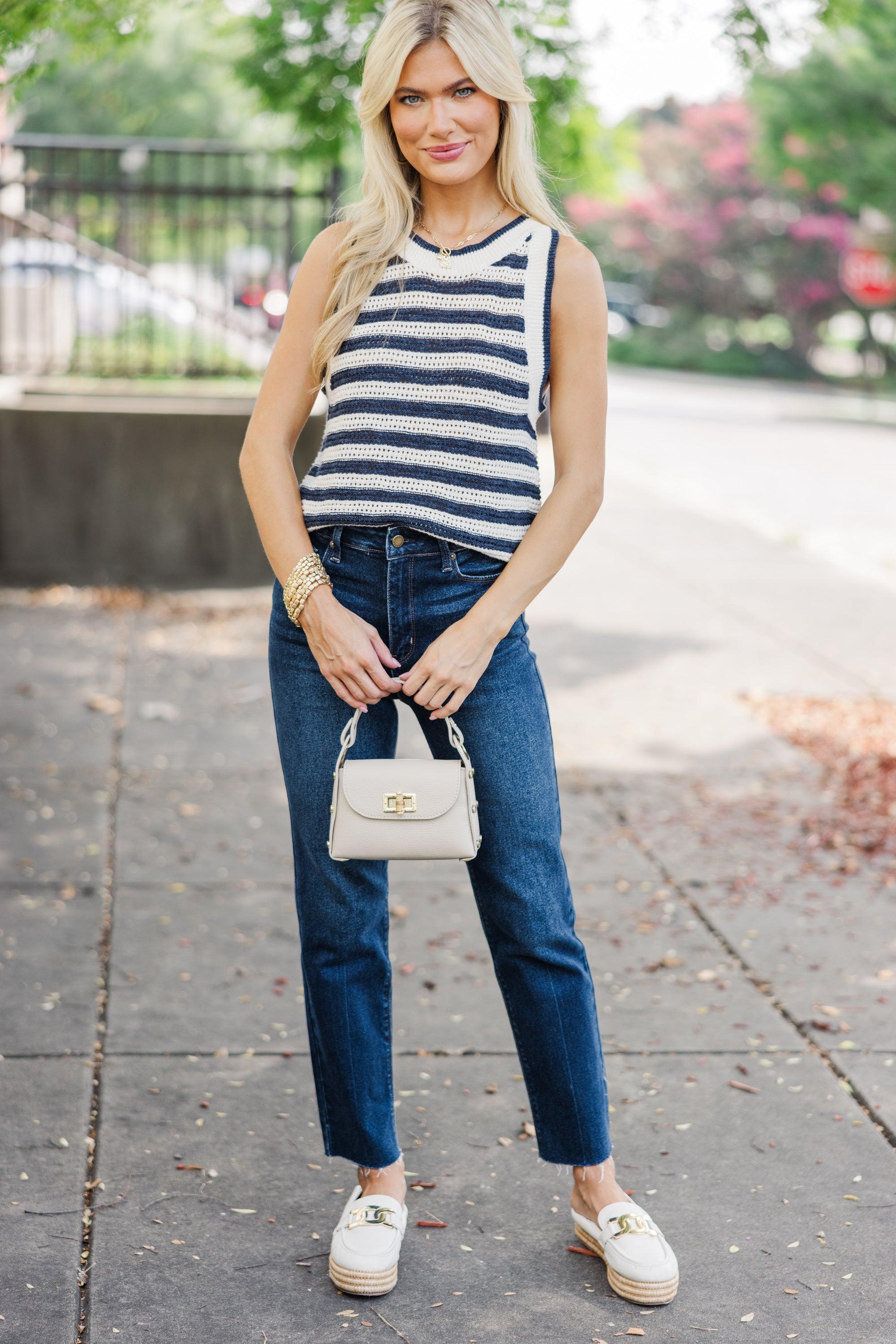 Lead The Way Navy Blue Striped Sweater Tank Female Product Image