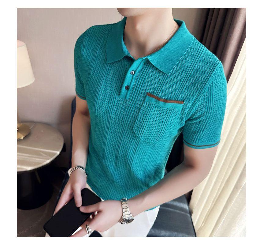 Short-Sleeve Contrast Trim Pointelle Polo Knit Top Product Image