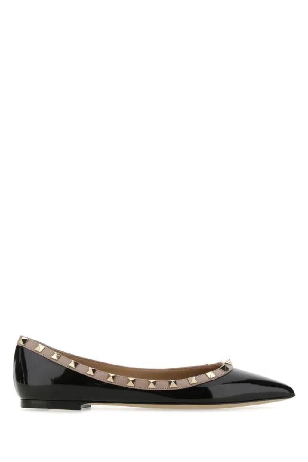 Woman Black Leather Rockstud Ballerinas Product Image