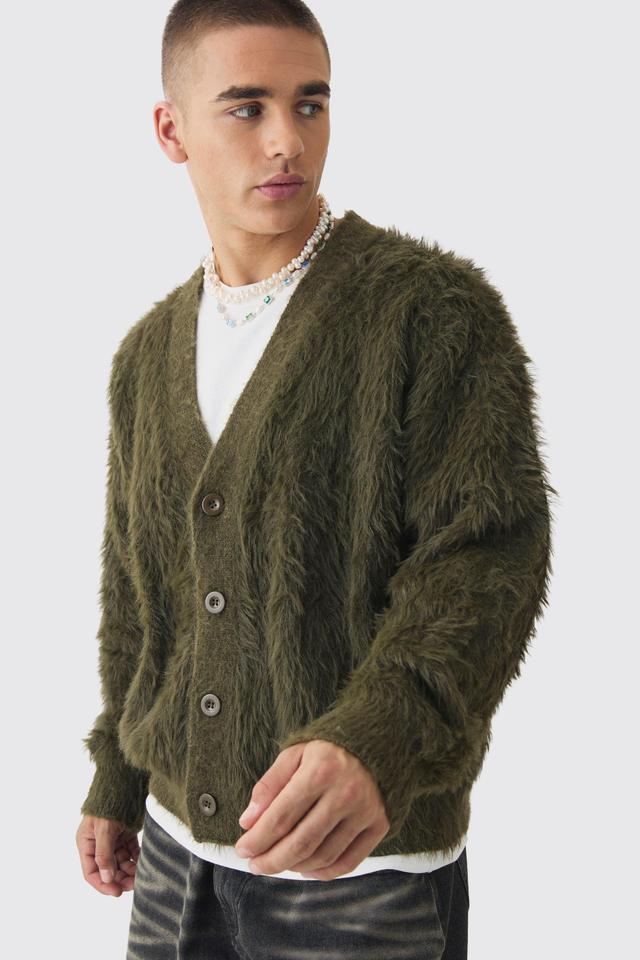 Mens Green Oversized Boxy Super Fluffy Knitted Cardigan, Green Product Image