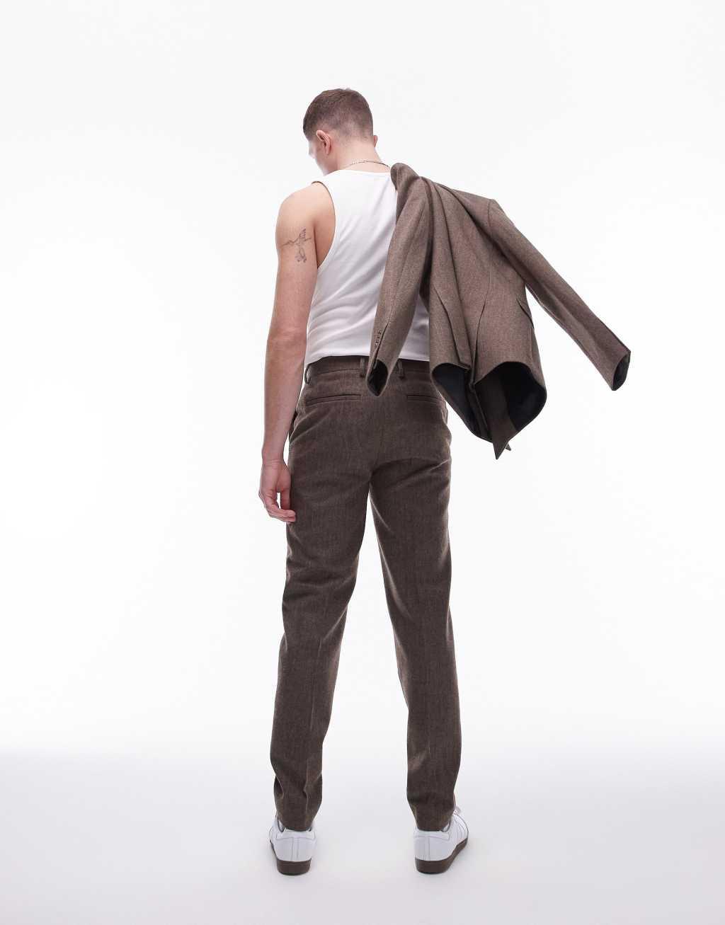 Topman herringbone slim pants in brown Product Image