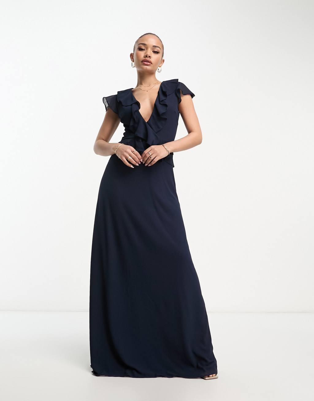 TFNC Bridesmaid chiffon maxi dress with frill detail in navy Product Image