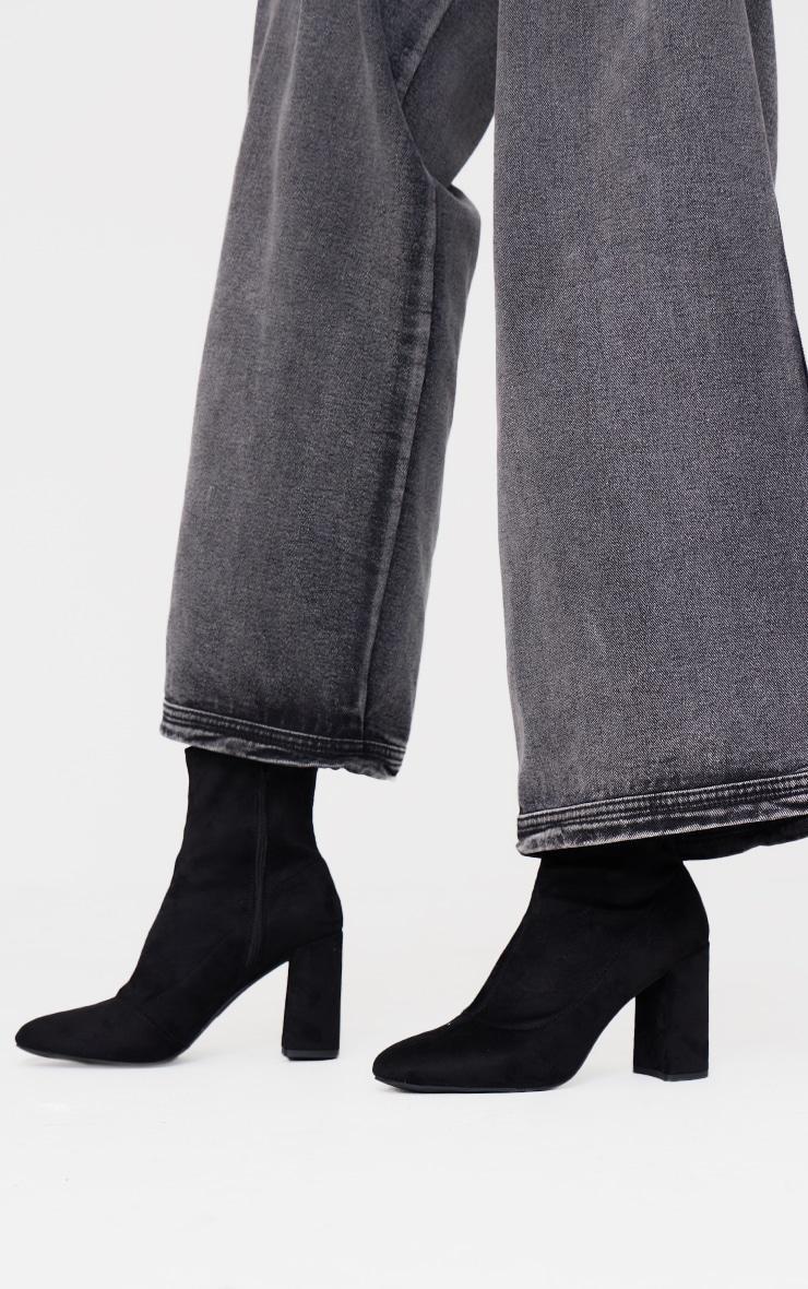 Black Faux Suede Round Toe Heeled Ankle Sock Boots Product Image