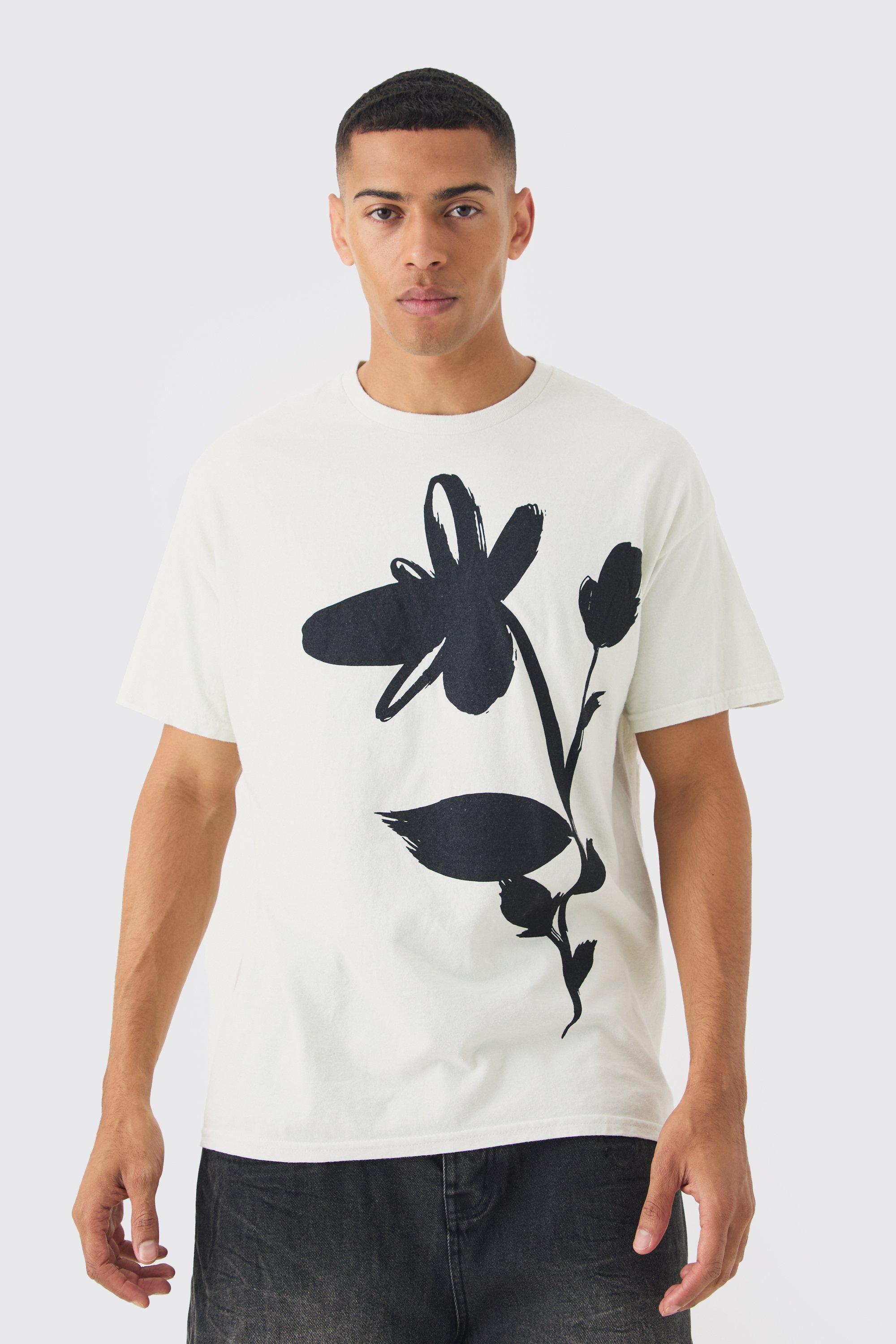 Oversized Floral Drawing Print Wash T-shirt | boohooMAN USA product image