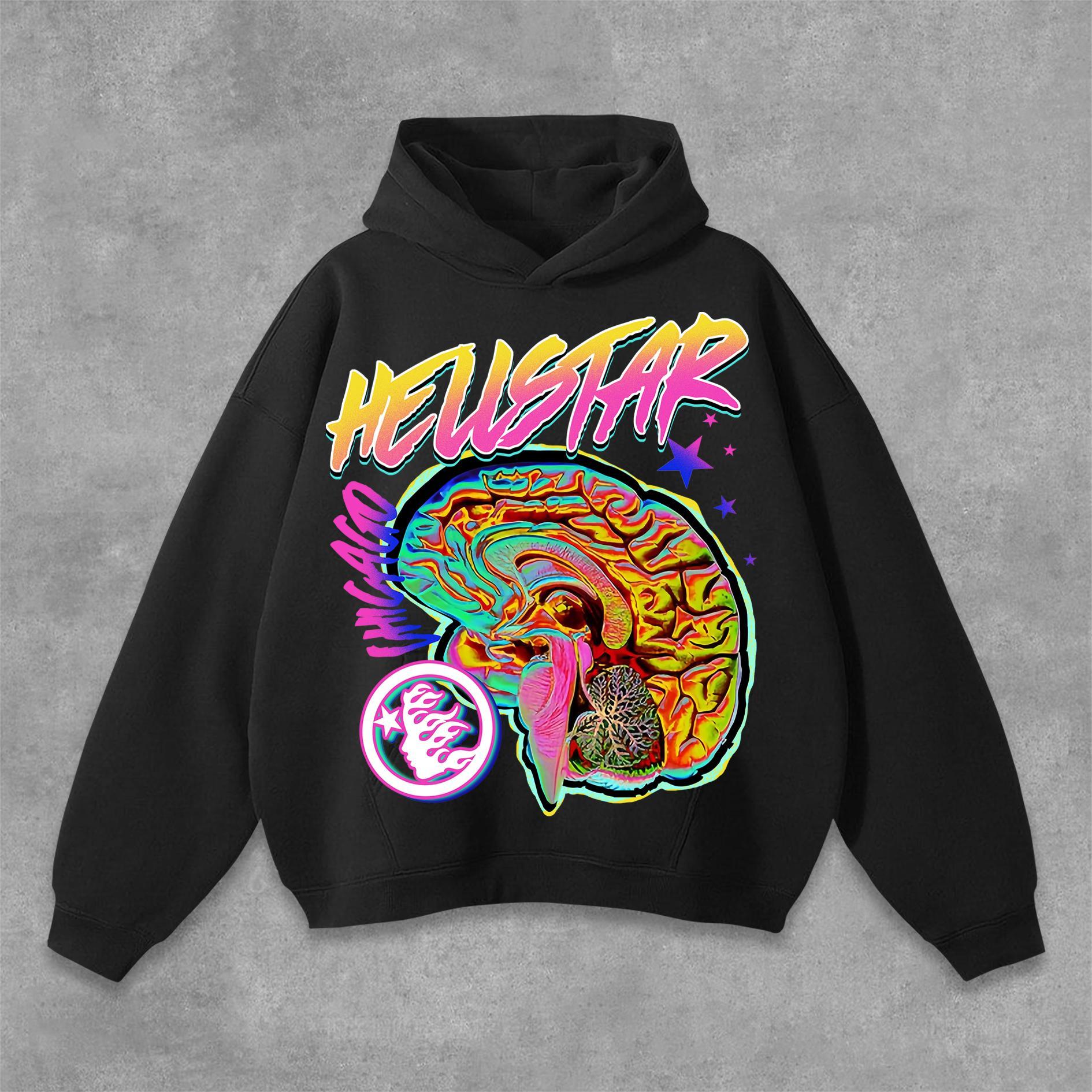 Hellstar Fun Color Brain Graphic Print Pocket Hoodie Product Image