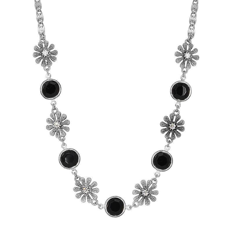 1928 Silver Tone Black Crystal Flower Necklace, Womens Product Image