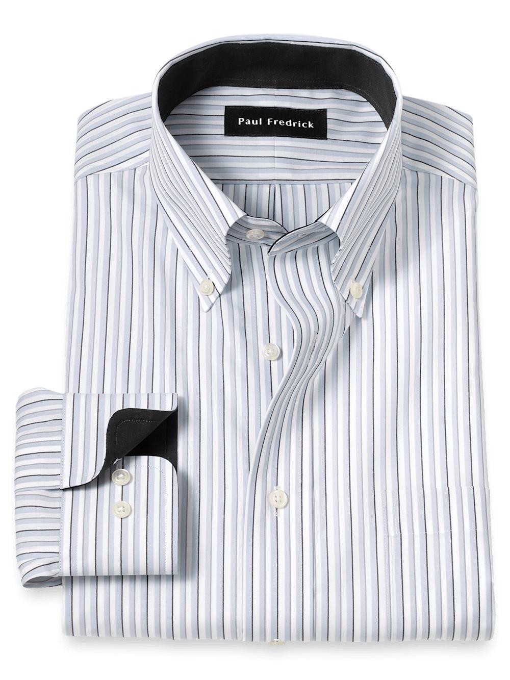 Non-Iron Cotton Stripe Dress Shirt With Contrast Trim - Grey/white Product Image