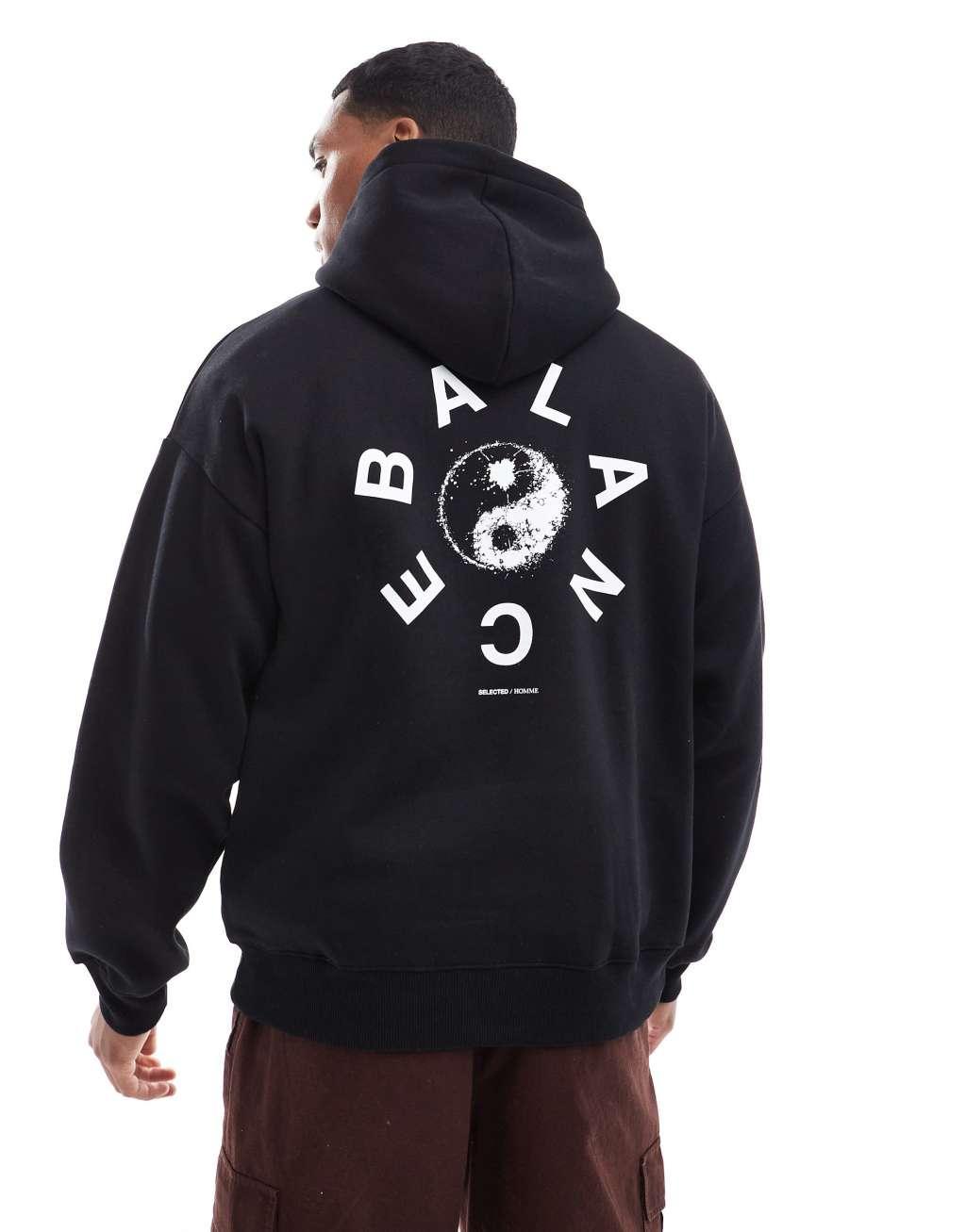 Selected Homme oversized hoodie in black with Balance circle back print Product Image