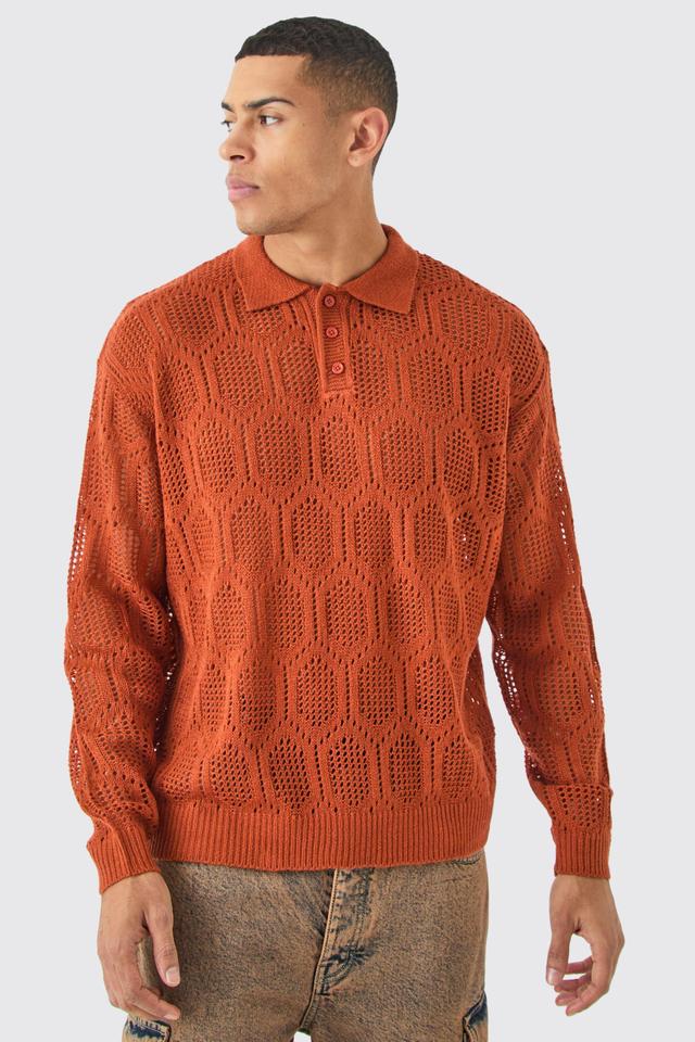 Oversized Long Sleeve Crochet Polo In Rust | boohooMAN USA Product Image