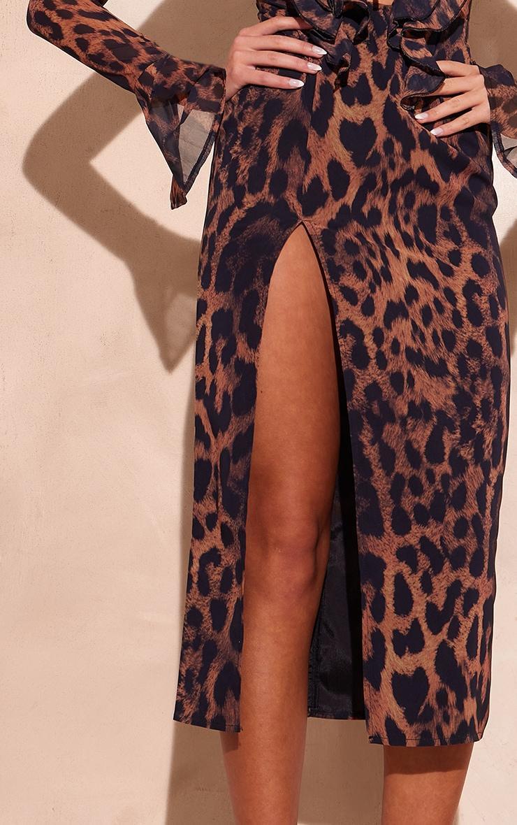 Leopard Print Chiffon Long Sleeve Frill Detail Midi Dress Product Image