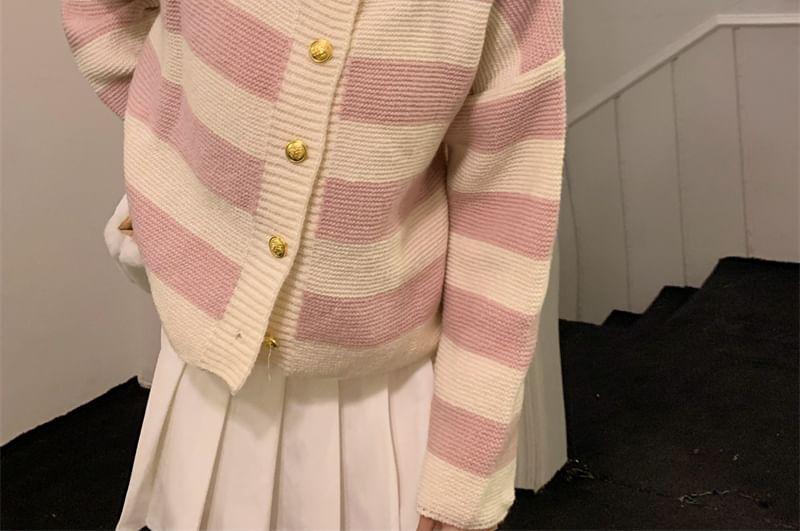 Crew Neck Striped Button-Up Cardigan Product Image