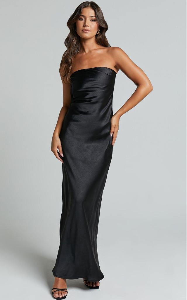 Charlita Maxi Dress - Strapless Cowl Back Satin Dress in Black Product Image