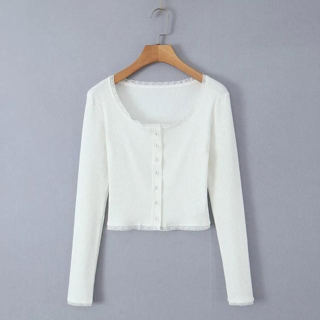 Long Sleeve Scoop Neck Lace Trim Button Top Product Image