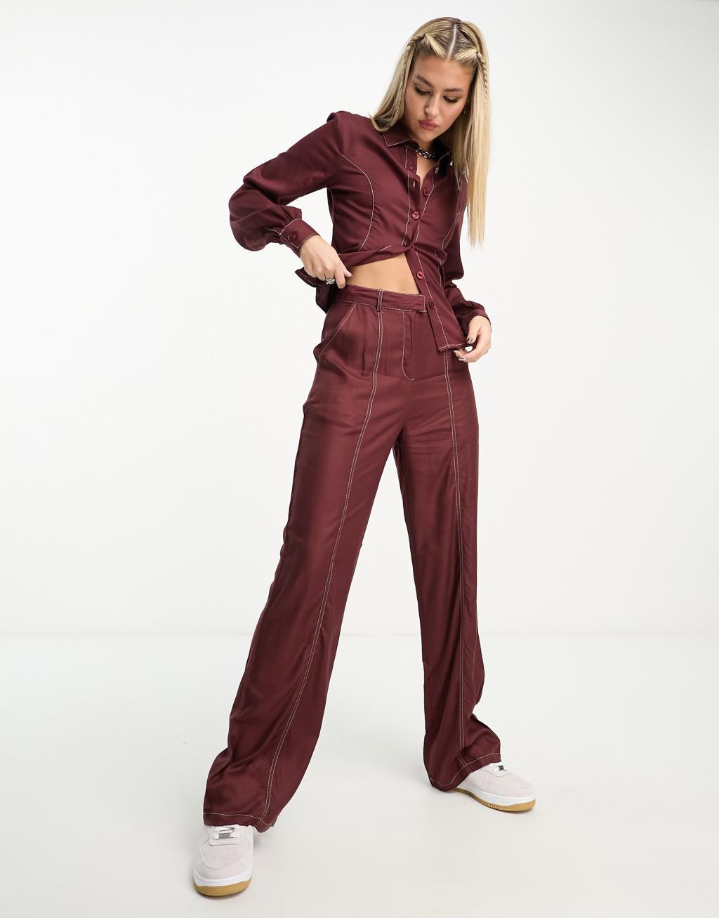 Heartbreak wide leg pants with contrast seams in chocolate brown - part of a set Product Image