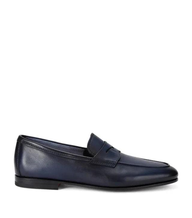 SANTONI Leather Carlos Penny Loafers In Blue Product Image