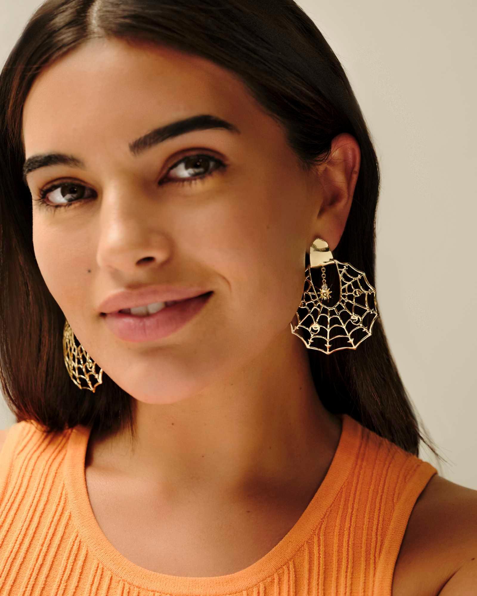 Spiderweb Gold Statement Earrings in White Crystal Product Image