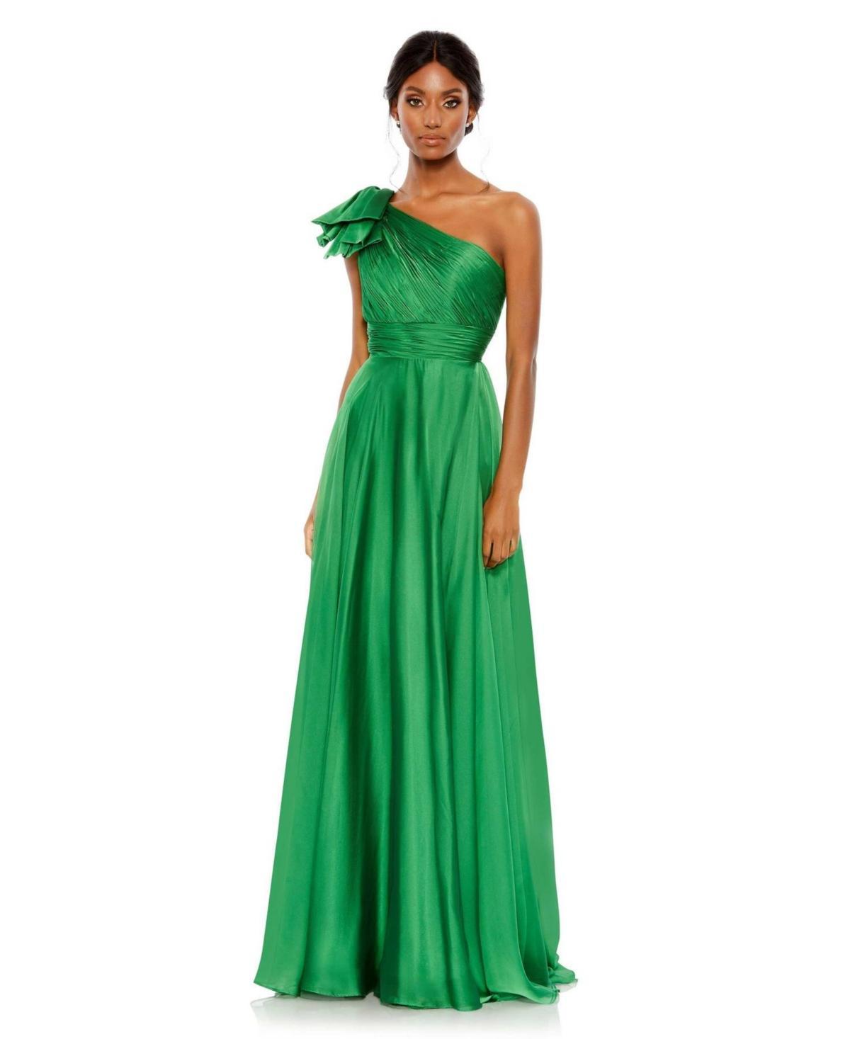 Mac Duggal Chiffon Pleated Asymmetrical Neck Shoulder Ruffle Cap Sleeve Thigh High Slit Gown Product Image