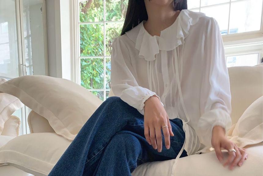 Long-Sleeve Ruffle Button-Up Blouse Product Image