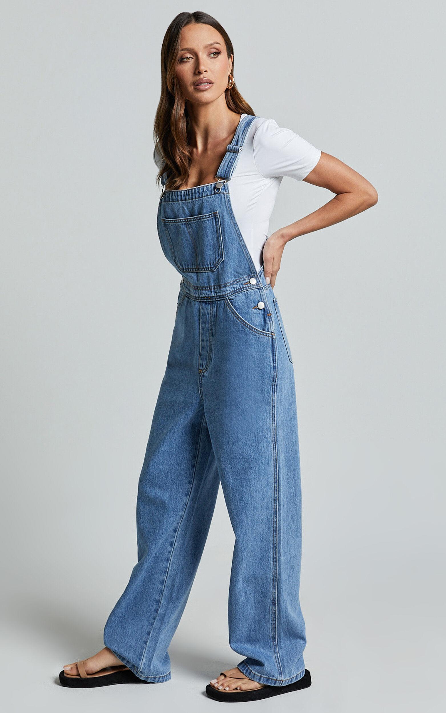 Brixton Jumpsuit - Straight Leg Denim Overalls in Mid Blue Wash Product Image