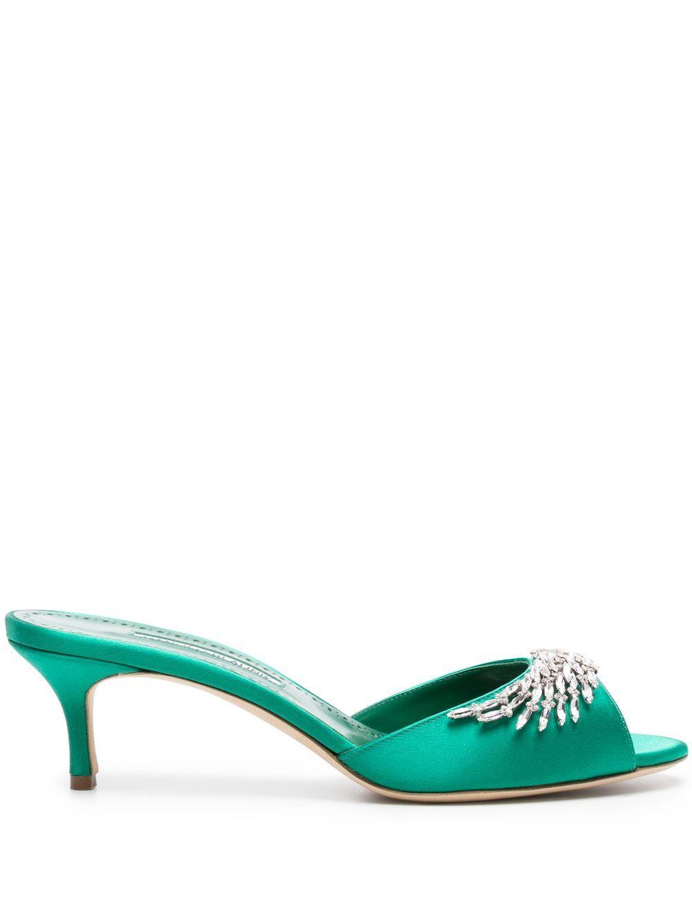 MANOLO BLAHNIK 50mm Lumada Satin Mules In Green Product Image