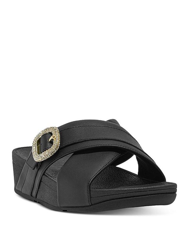 FitFlop Lulu Crystal-Buckle Leather Cross Slides Women's Sandals Product Image