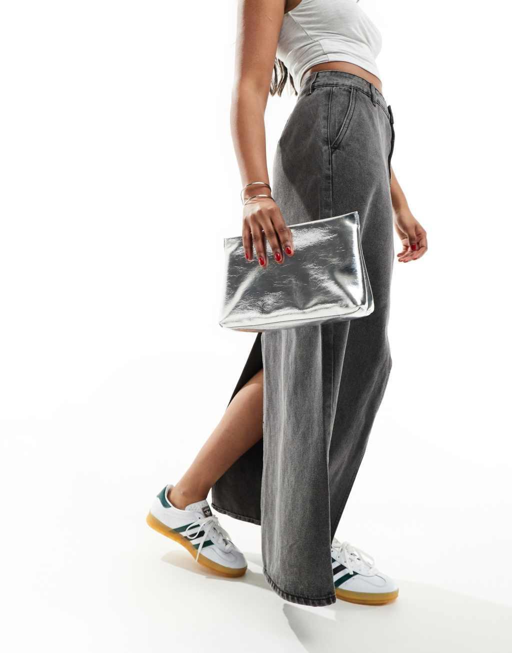 ASOS DESIGN zip top clutch bag in metallic silver Product Image