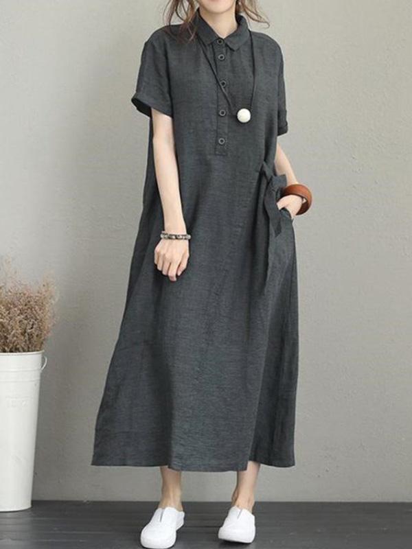 Original Cotton-Blend Lapel Solid Color Dress product image