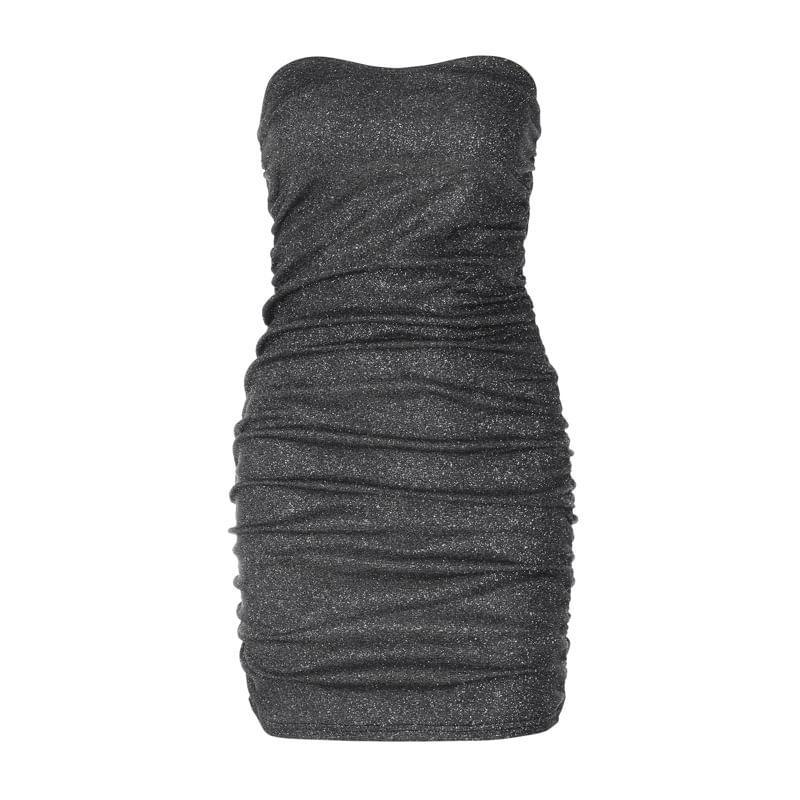 Strapless Sweetheart Neckline Glitter Ruched Mini Bodycon Dress Product Image