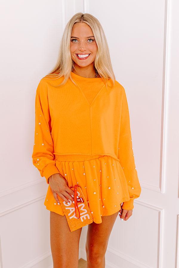 Sideline Chic Pearl Embellished Crop Sweatshirt in Orange Product Image