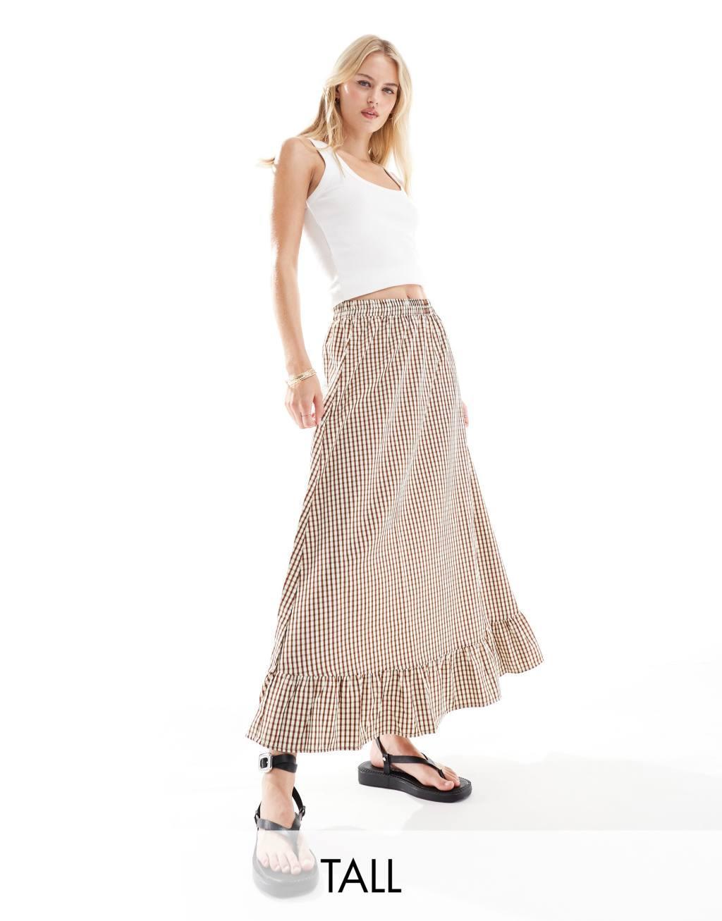 ONLY Tall gingham maxi skirt in brown  Product Image