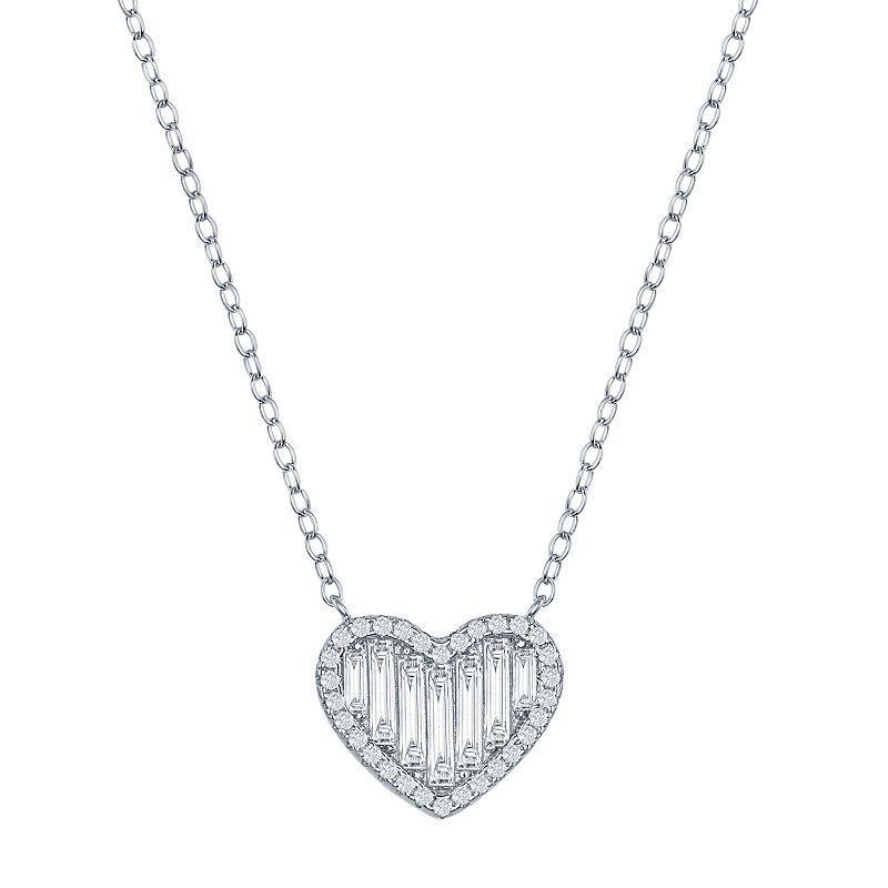 Sterling Silver Round & Baguette Cubic Zirconia Heart Necklace, Womens Product Image