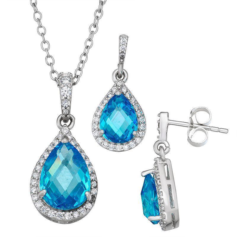 Sterling Silver Chess Cut Cubic Zirconia Teardrop Halo Pendant Necklace & Drop Earrings Set, Womens Blue Product Image