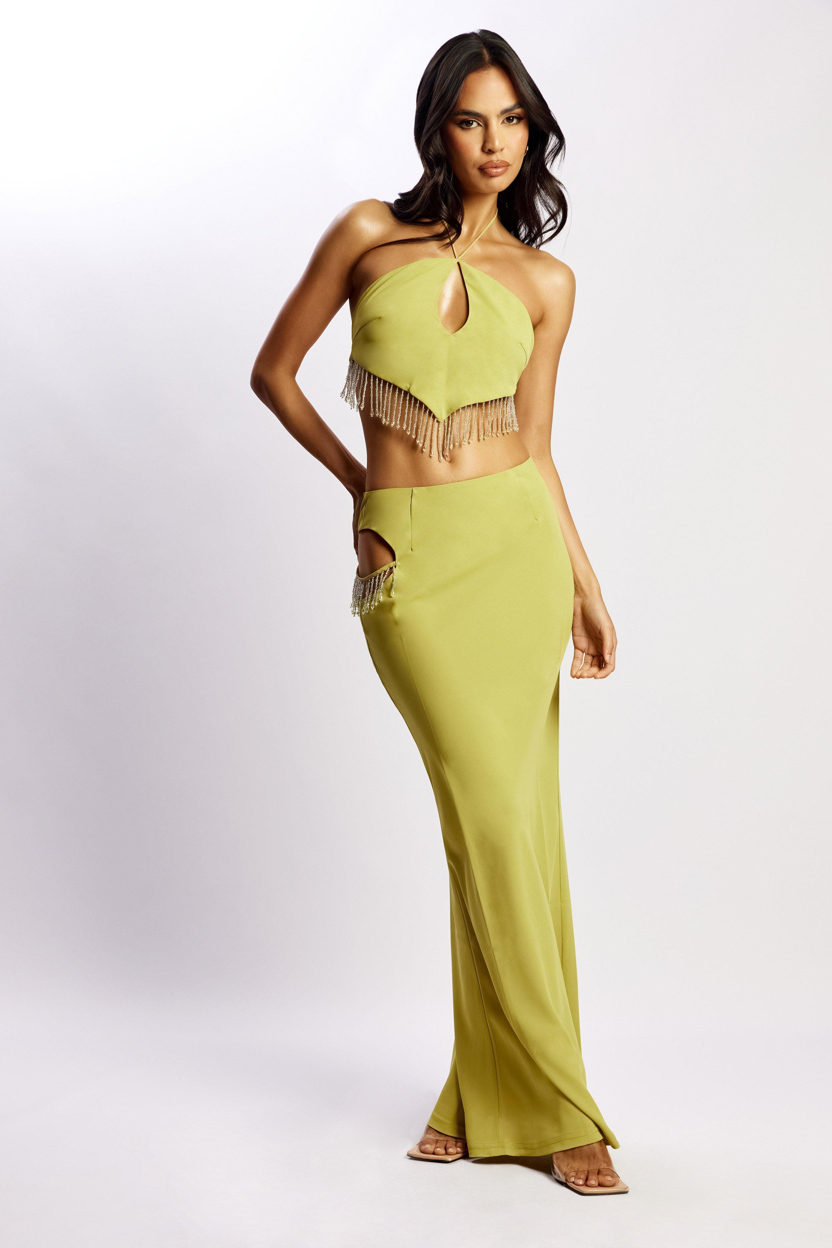 Jayleen Maxi Skirt With Fringe - Chartreuse Product Image