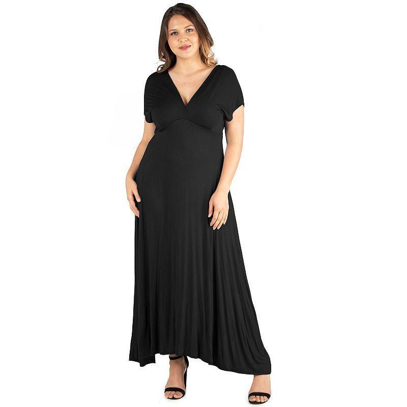 Plus Size 24seven Comfort Apparel Empire Waist V-Neck Maxi Dress, Womens Black Product Image