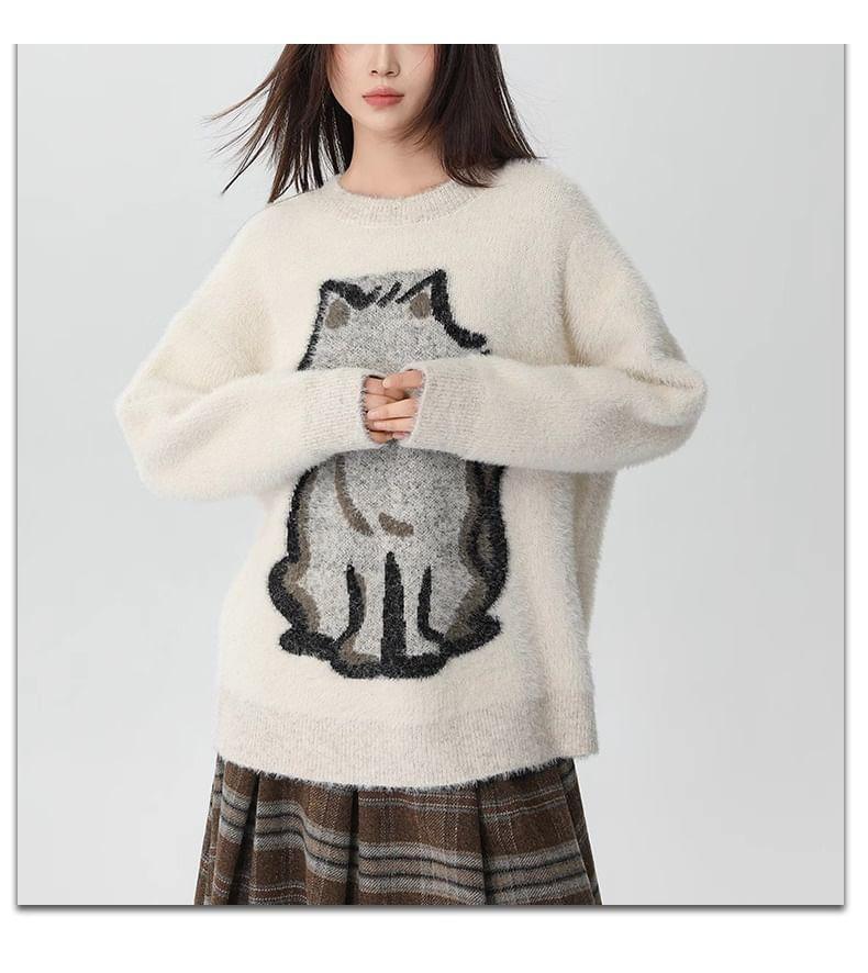 Round Neck Cat Jacquard Sweater Product Image