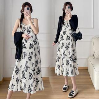 Maternity Spaghetti Strap Floral Midi A-Line Dress / Crop Cardigan / Set Product Image