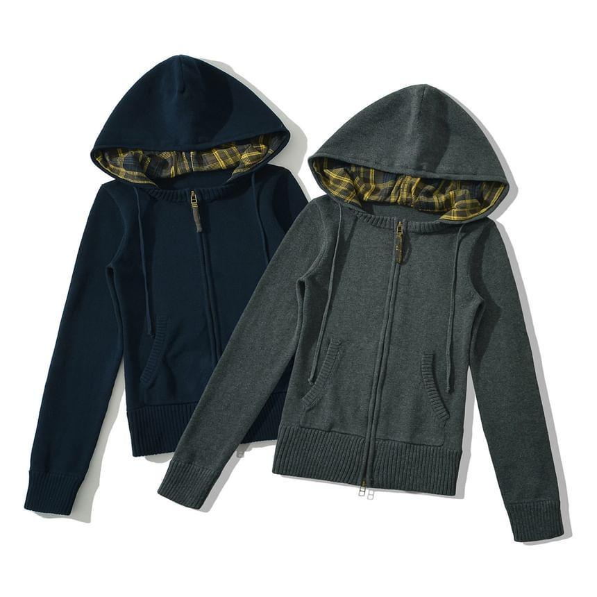 Long Sleeve Plaid Panel Knitted Zip-Up Hooded Jacket Product Image