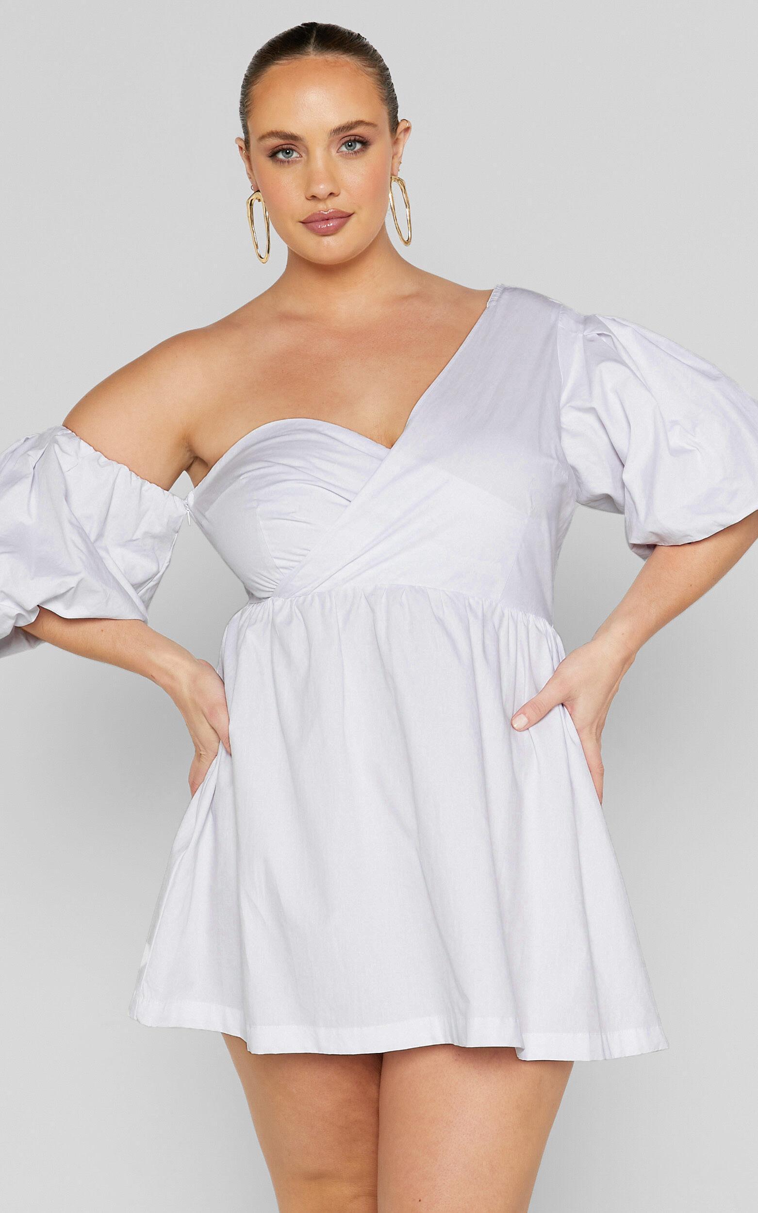 Sula Mini Dress - Asymmetric Off One Shoulder Puff Sleeve Dress in White Product Image