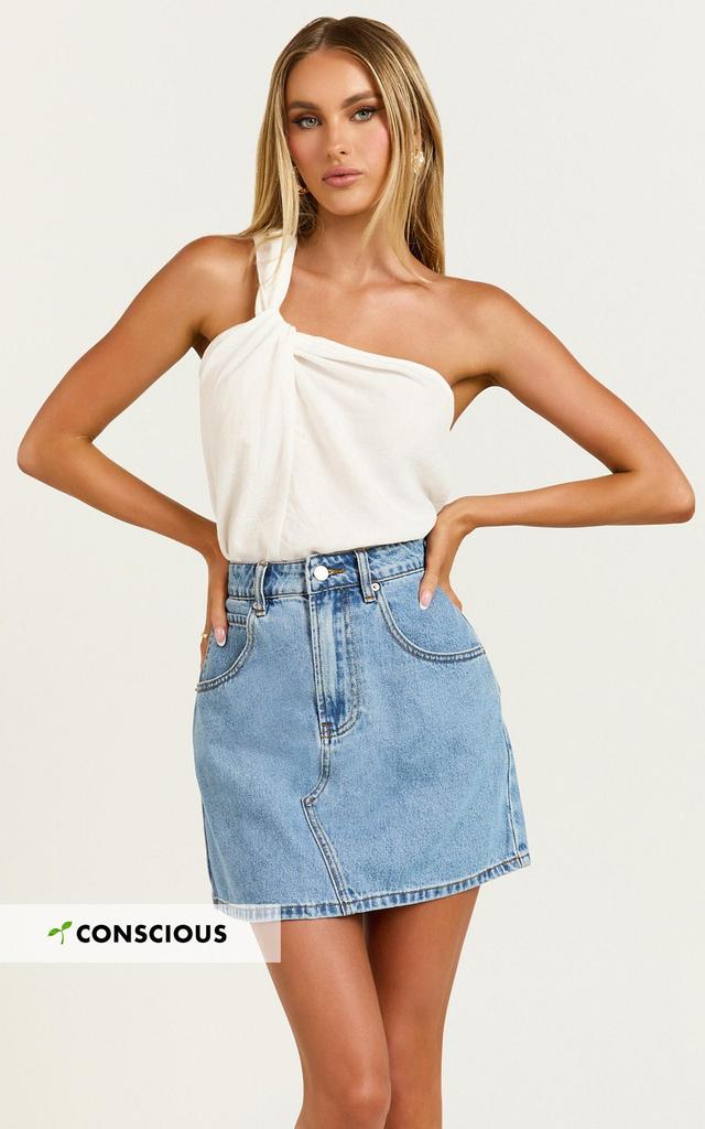 Jaden Mini Skirt - High Waisted Recycled Denim Mini Skirt in Mid Blue Wash Product Image