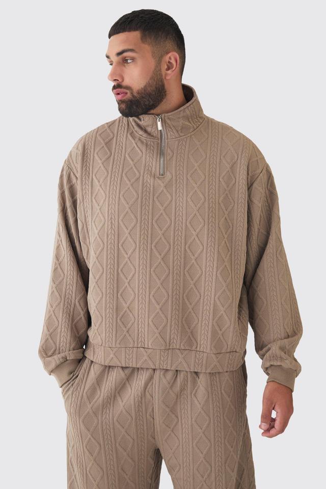 Plus Cable Knit Look Oversized Boxy 1/4 Zip Funnel Neck Sweat | boohooMAN USA Product Image