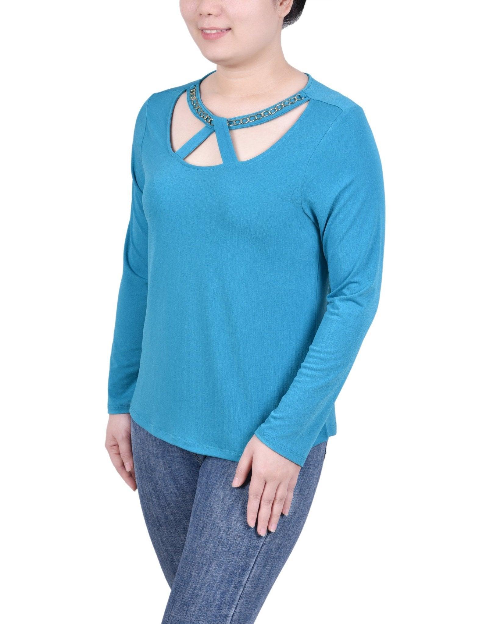 Long Sleeve Jeweled Neck Top - Petite Product Image