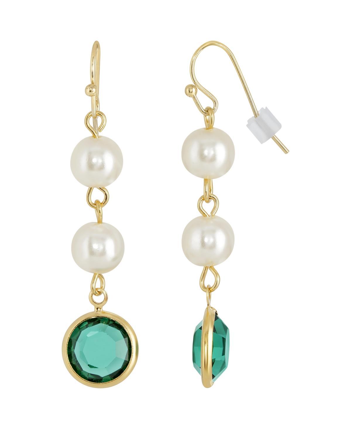 1928 Gold Tone Simulated Pearl & Crystal Drop Earrings, Womens, Green Product Image