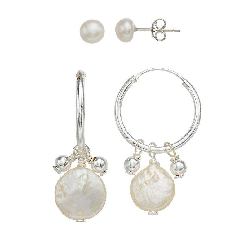 Aleure Sterling Silver Cultured Freshwater Pearl Drop Hoop & Stud Earring Set, Womens, White Product Image