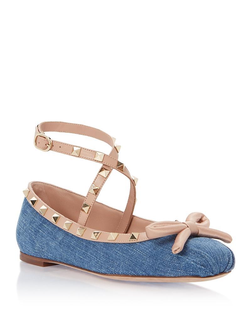 Rockstud Denim Ankle-Strap Ballerina Flats Product Image