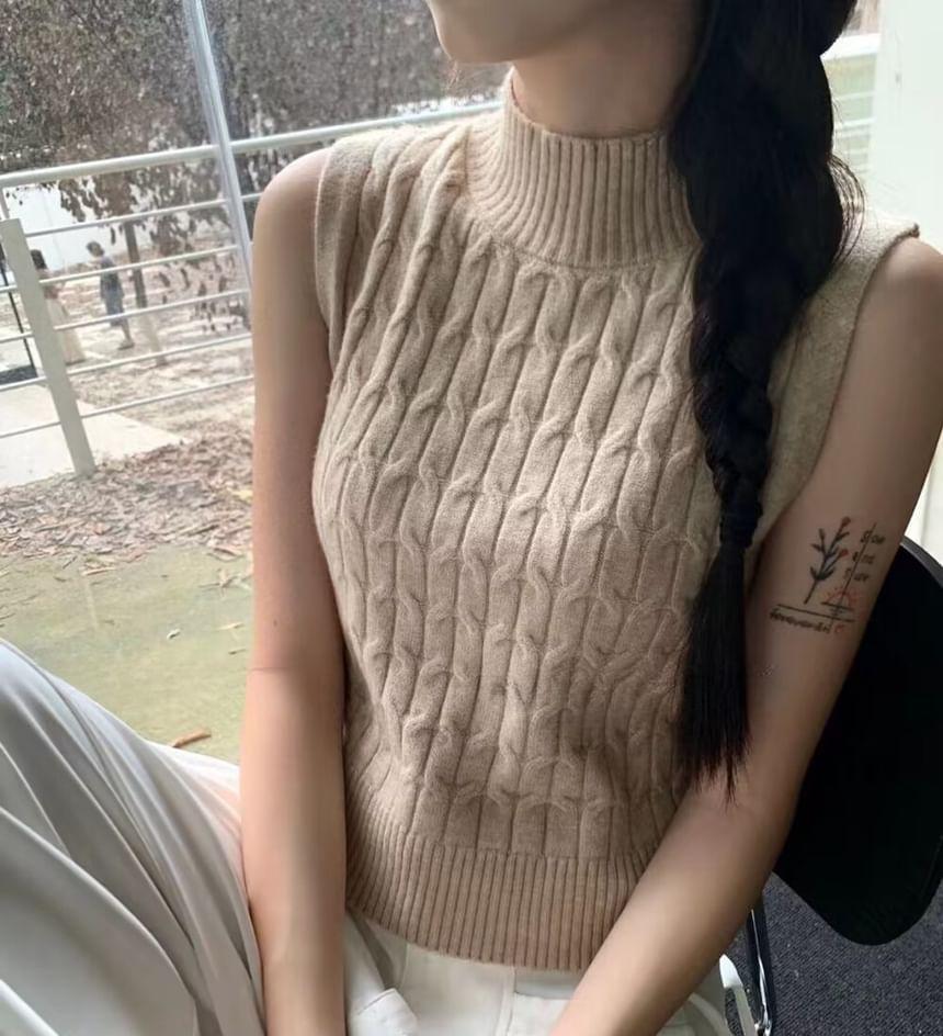 Mock Neck Plain Cable Knit Crop Tank Top Product Image