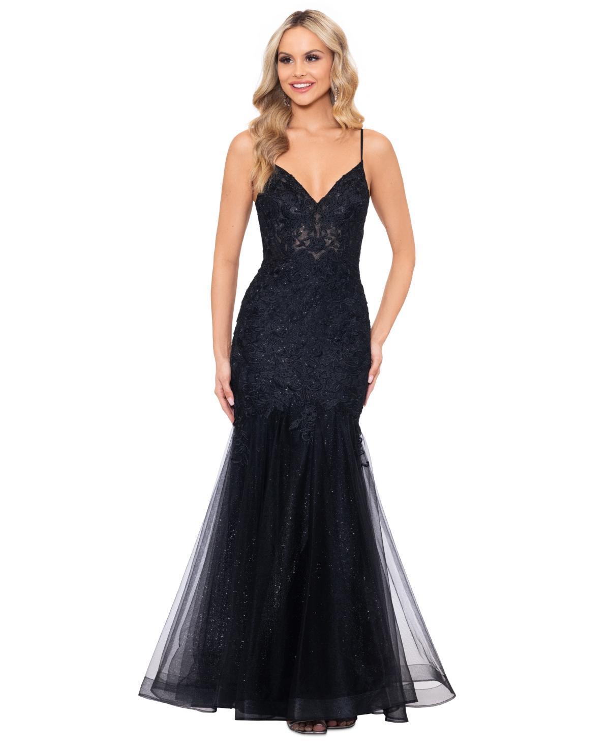 Xscape Womens Sleeveless Glitter Mesh Mermaid Gown Product Image