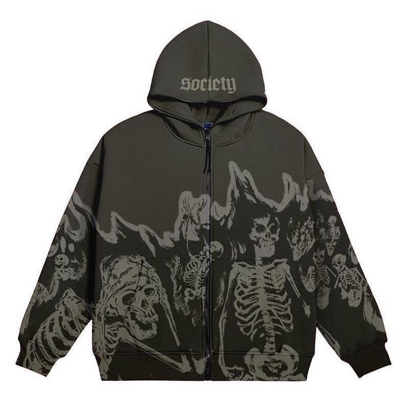 Vintage Flame Skull Print Graphic Zip Up Hoodie Product Image